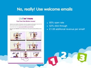 No, really! Use welcome emails
85% open rate
52% click through
£1.08 additional revenue per email!
 