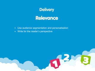 Delivery
Relevance
Use audience segmentation and personalisation
Write for the reader’s perspective
 
