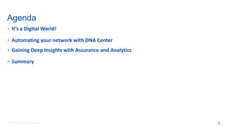 © 2016 Cisco and/or its affiliates. All rights reserved. 2
Agenda
• It’s	a	Digital	World!
• Automating	your	network	with	DNA	Center
• Gaining	Deep	Insights	with	Assurance	and	Analytics
• Summary
2
 