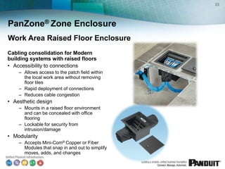 23




PanZone® Zone Enclosure
Work Area Raised Floor Enclosure
Cabling consolidation for Modern
building systems with raised floors
• Accessibility to connections
    – Allows access to the patch field within
      the local work area without removing
      floor tiles
    – Rapid deployment of connections
    – Reduces cable congestion
• Aesthetic design
    – Mounts in a raised floor environment
      and can be concealed with office
      flooring
    – Lockable for security from
      intrusion/damage
• Modularity
    – Accepts Mini-Com® Copper or Fiber
      Modules that snap in and out to simplify
      moves, adds, and changes
 