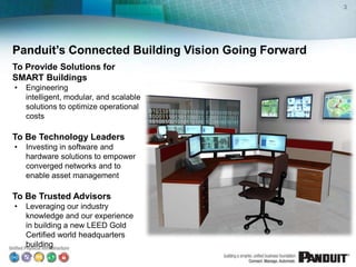 3




Panduit’s Connected Building Vision Going Forward
To Provide Solutions for
SMART Buildings
•   Engineering
    intelligent, modular, and scalable
    solutions to optimize operational
    costs

To Be Technology Leaders
•   Investing in software and
    hardware solutions to empower
    converged networks and to
    enable asset management

To Be Trusted Advisors
•   Leveraging our industry
    knowledge and our experience
    in building a new LEED Gold
    Certified world headquarters
    building
 