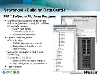 41




Networked - Building Data Center
PIM™ Software Platform Features
• Manage both data center and extended
  enterprise (telcomm rooms) with real-time
  connectivity updates
    – PViQ™ patch panels
    – Automated device moves
    – Automated documentation
• Centralized management
  of remote sites
    – Guided moves, adds and changes
    – Device status and real-time events
    – Asset inventory
• Map active and passive end-to-end
  connectivity
• View/edit device details
    – Graphical views, interactive floor plan
    – Event management and detailed reports
• Task Manager
 