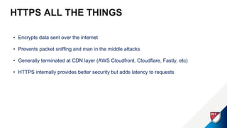 HTTPS ALL THE THINGS
• Encrypts data sent over the internet
• Prevents packet sniffing and man in the middle attacks
• Generally terminated at CDN layer (AWS Cloudfront, Cloudflare, Fastly, etc)
• HTTPS internally provides better security but adds latency to requests
 