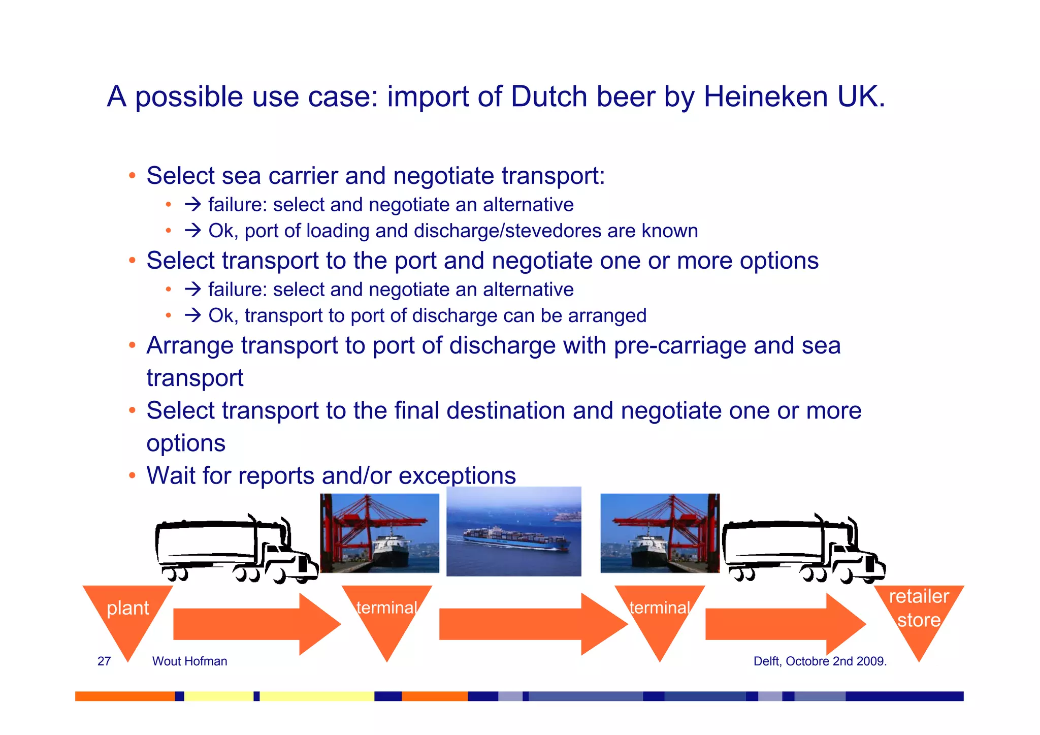 A possible use case: import of Dutch beer by Heineken UK.

     • Select sea carrier and negotiate transport:
          •      failure: select and negotiate an alternative
          •      Ok, port of loading and discharge/stevedores are known
     • Select transport to the port and negotiate one or more options
          •      failure: select and negotiate an alternative
          •      Ok, transport to port of discharge can be arranged
     • Arrange transport to port of discharge with pre-carriage and sea
       transport
     • Select transport to the final destination and negotiate one or more
       options
     • Wait for reports and/or exceptions



                                                                                                      retailer
 plant                           terminal                       terminal
                                                                                                       store
27       Wout Hofman                                                       Delft, Octobre 2nd 2009.
 