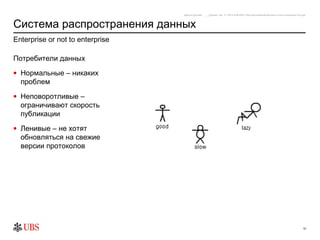 safronro [printed: ____] [saved: July 17, 2012 8:48 PM] P:My DocumentsEnterprise or not to enterprise v0.4.ppt



Система распространения данных
Enterprise or not to enterprise

Потребители данных
• Нормальные – никаких
  проблем
• Неповоротливые –
  ограничивают скорость
  публикации
• Ленивые – не хотят
  обновляться на свежие
  версии протоколов




                                                                                                                                               10
 