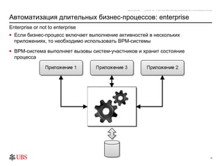 safronro [printed: ____] [saved: July 17, 2012 8:48 PM] P:My DocumentsEnterprise or not to enterprise v0.4.ppt



Автоматизация длительных бизнес-процессов: enterprise
Enterprise or not to enterprise
• Если бизнес-процесс включает выполнение активностей в нескольких
  приложениях, то необходимо использовать BPM-системы
• BPM-система выполняет вызовы систем-участников и хранит состояние
  процесса




                                                                                                                                                          14
 