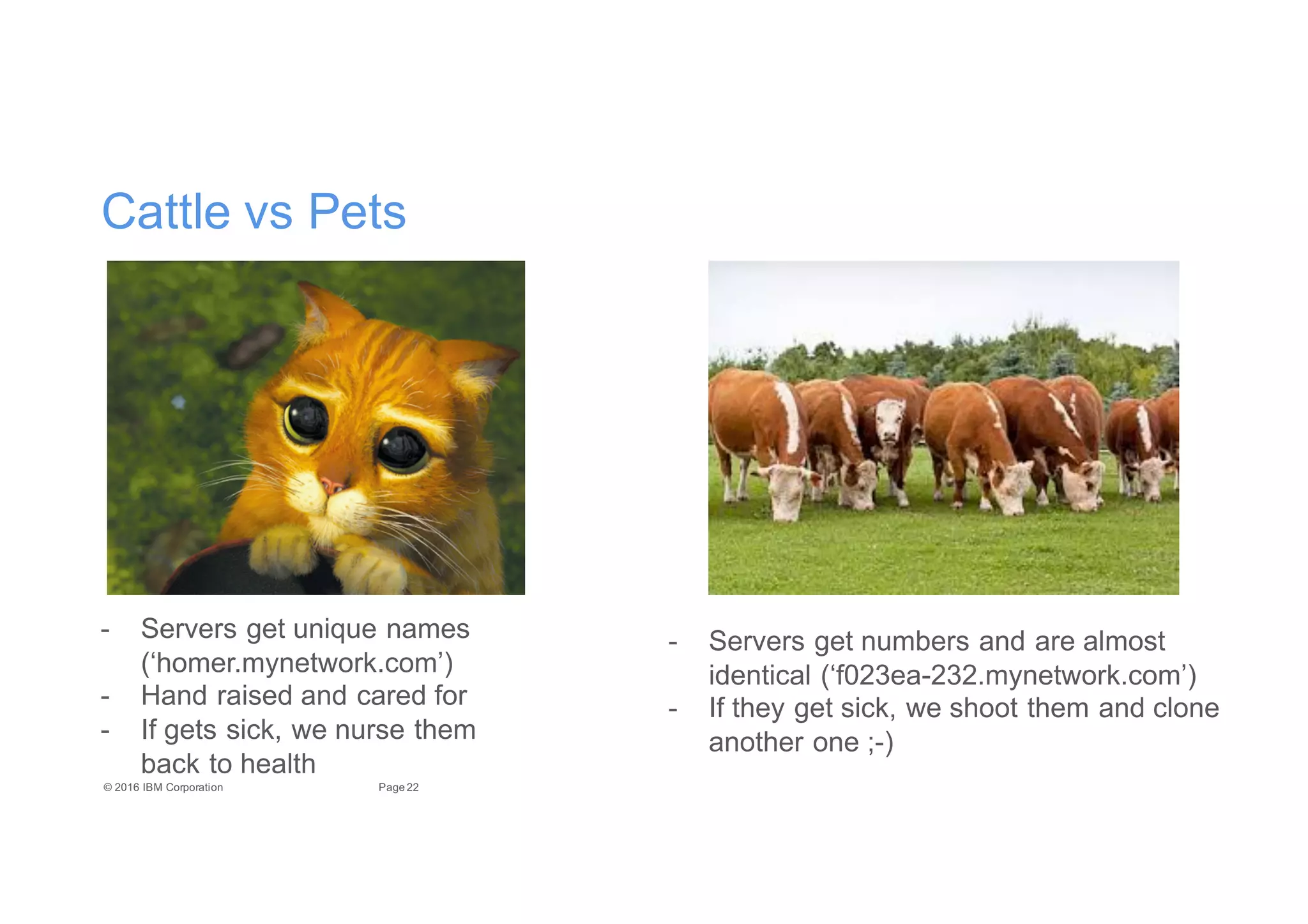 22Page©"2016"IBM"Corporation
Cattle"vs"Pets
E Servers"get"unique"names"
(‘homer.mynetwork.com’)
E Hand"raised"and"cared"for
E If"gets"sick,"we"nurse"them"
back"to"health
E Servers"get"numbers"and"are"almost"
identical"(‘f023eaE232.mynetwork.com’)
E If"they"get"sick,"we"shoot"them"and"clone"
another"one"vE)"
 