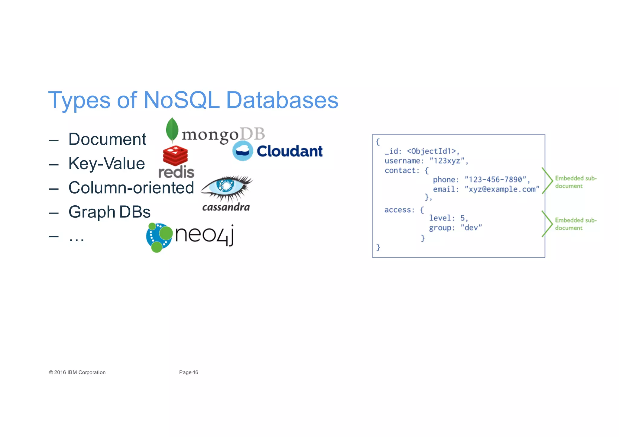 46Page©"2016"IBM"Corporation
Types"of"NoSQL"Databases
– Document
– KeyEValue
– ColumnEoriented
– Graph"DBs
– …
 