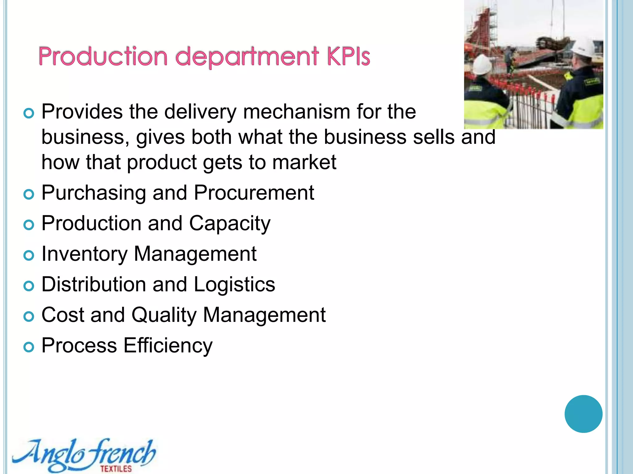 Identification of Key Performance Indicators (KPIs)Evaluating the performance of any department starts with the key performance indicators (KPIs)Classified based on the origin, namely department, workflow, cost incurring activity, profitable activity, etcThe whole organization is classified into main eight quarters and the activities are monitoredFinanceManufacturing (Operation)