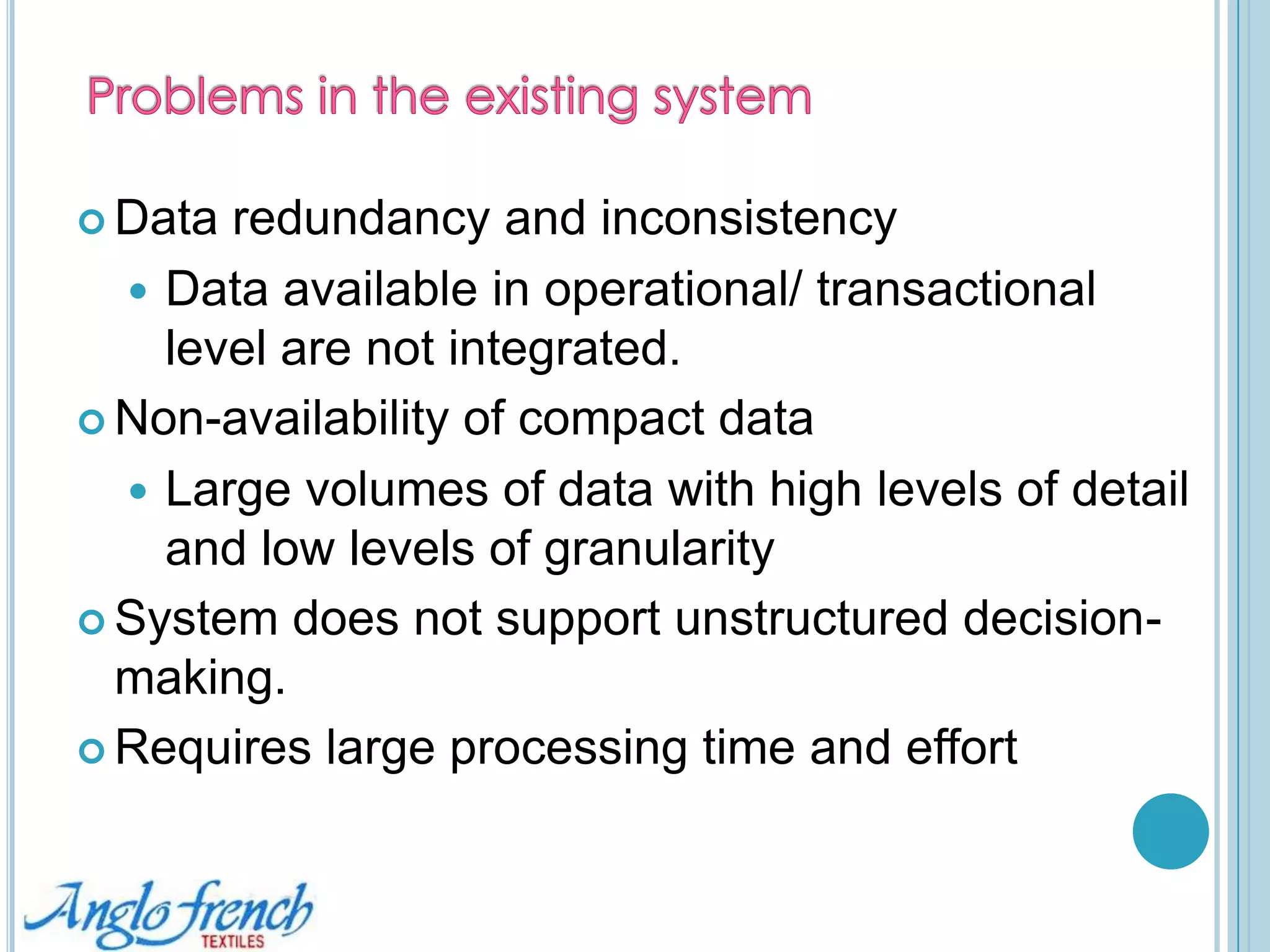 Existing Decision Support System (DSS) @ AFTInformation support to many day-to-day decision making needsAnalysis and reports remain Unconsolidated & Scattered (connected inefficiently)Only few can read the plan, but cant modify according to the departmental driversDisjointed technologies lead to silos of information and limit the ability to act with focus and agility