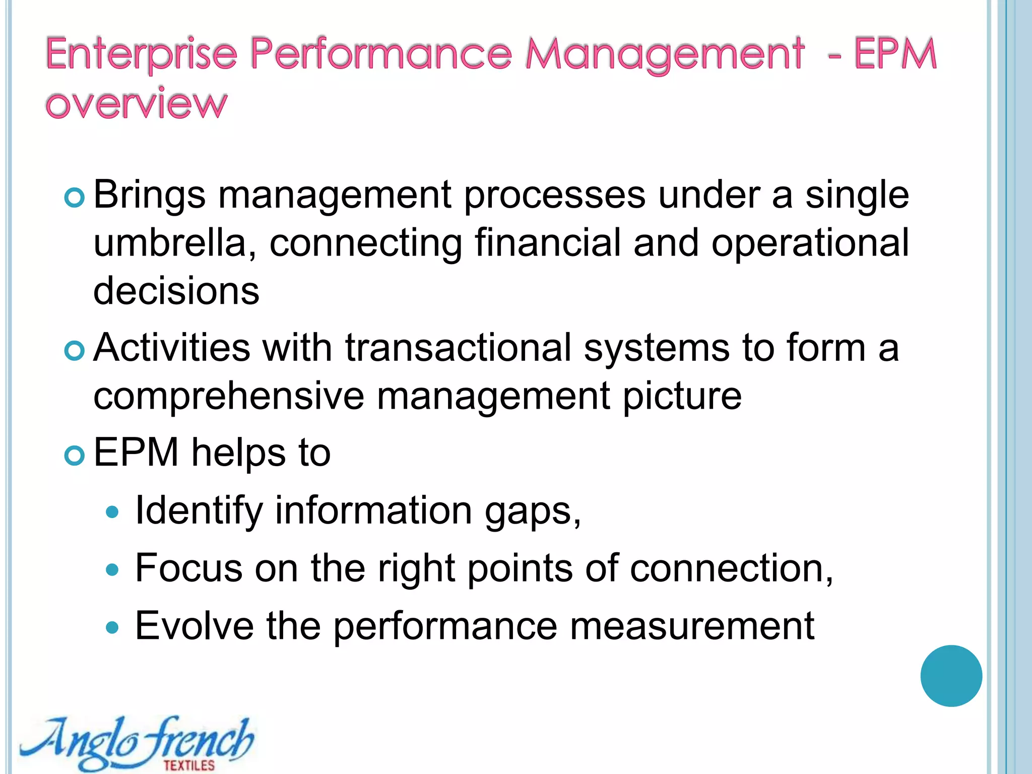 Company Profile – Anglo French TextilesLegacy of over 100 years ( started in 1898)Company is owned by Government of PondicherryKnown as a ‘composite mill’ProductsBed sheets, school uniforms, parachute suits etcEmployee Strength: 3,279 no&apos;s (465 staff and the rest workers)