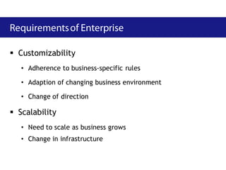  Customizability
   • Adherence to business-specific rules

   • Adaption of changing business environment

   • Change of direction

 Scalability
   • Need to scale as business grows
   • Change in infrastructure
 