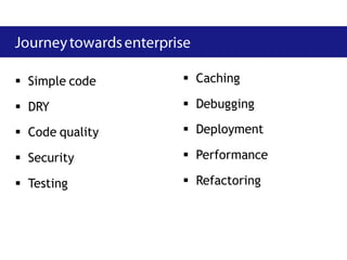  Simple code     Caching

 DRY             Debugging

 Code quality    Deployment

 Security        Performance

 Testing         Refactoring
 