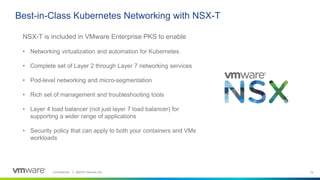 Confidential │ ©2019 VMware, Inc. 1515Confidential │ ©2018 VMware, Inc.
Best-in-Class Kubernetes Networking with NSX-T
NSX-T is included in VMware Enterprise PKS to enable
• Networking virtualization and automation for Kubernetes
• Complete set of Layer 2 through Layer 7 networking services
• Pod-level networking and micro-segmentation
• Rich set of management and troubleshooting tools
• Layer 4 load balancer (not just layer 7 load balancer) for
supporting a wider range of applications
• Security policy that can apply to both your containers and VMs
workloads
 