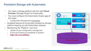 Confidential │ ©2019 VMware, Inc. 19
Persistent Storage with Kubernetes
• You need a storage platform with the right Cloud
Provider (Storage Plugin) for Kubernetes
• You must configure the Kubernetes Cluster and all
the nodes
– Configuration Management everywhere
• Available features & functionality dictated by storage
platform keeping up with Kubernetes releases
• Maintaining the “Platform” over time
– Update all your configuration management
– End-to-end Testing (Compatibility of System)
– High risk of snowflakes
Must have available Kubernetes
Cloud Provider
Node
Node
Node
Kubernetes Cluster
Services
API
V
V
V
CP
CP
CP
CP
Storage Platform
VM
VM
VM
 