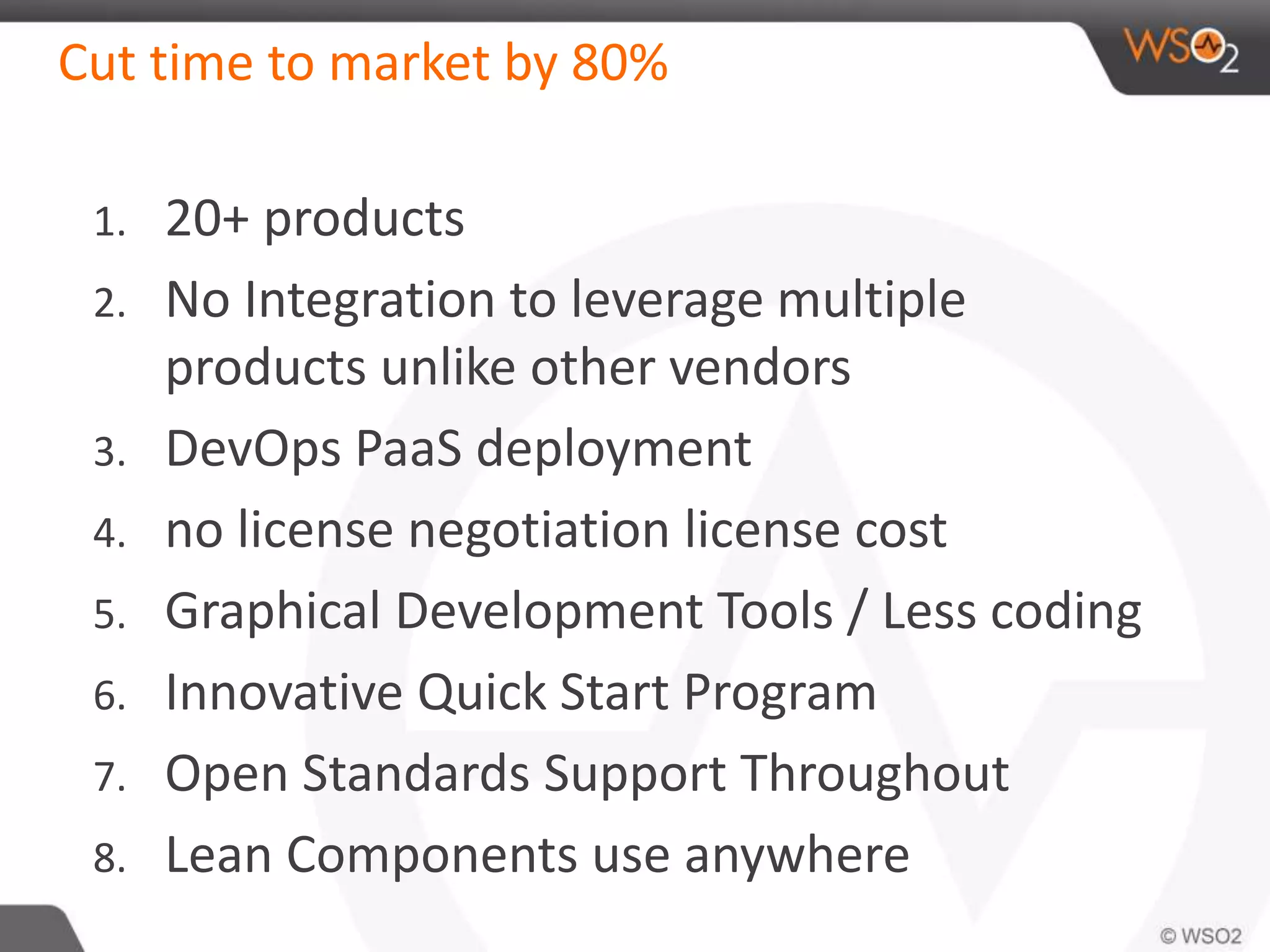 Cut time to market by 80% 
1. 20+ products 
2. No Integration to leverage multiple 
products unlike other vendors 
3. DevOps PaaS deployment 
4. no license negotiation license cost 
5. Graphical Development Tools / Less coding 
6. Innovative Quick Start Program 
7. Open Standards Support Throughout 
8. Lean Components use anywhere 
 