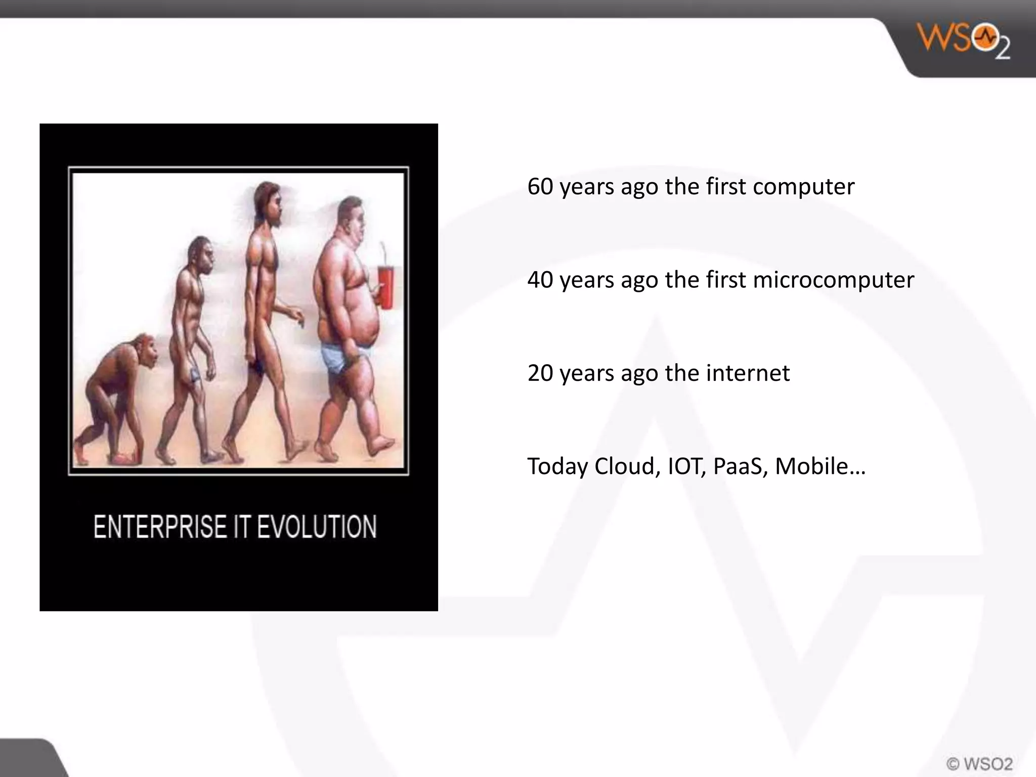 60 years ago the first computer 
40 years ago the first microcomputer 
20 years ago the internet 
Today Cloud, IOT, PaaS, Mobile… 
 
