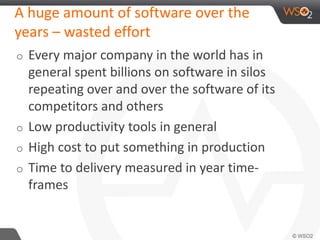 A huge amount of software over the 
years – wasted effort 
o Every major company in the world has in 
general spent billions on software in silos 
repeating over and over the software of its 
competitors and others 
o Low productivity tools in general 
o High cost to put something in production 
o Time to delivery measured in year time-frames 
 