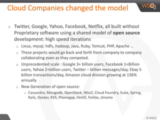 Cloud Companies changed the model 
o Twitter, Google, Yahoo, Facebook, Netflix, all built without 
Proprietary software using a shared model of open source 
development: high speed iterations 
o Linux, mysql, hdfs, hadoop, Java, Ruby, Tomcat, PHP, Apache … 
o These projects would go back and forth from company to company 
collaborating even as they competed. 
o Unprecedented scale : Google 3+ billion users, Facebook 1+Billion 
users, Yahoo 2+billion users, Twitter – billion messages/day, Ebay 5 
billion transactions/day, Amazon cloud division growing at 136% 
annually 
o New Generation of open source: 
o Cassandra, Mongodb, OpenStack, Wso2, Cloud Foundry, Scala, Spring, 
Rails, Docker, KVS, Phonegap, html5, firefox, chrome 
 