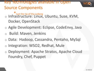 Key Technologies available in Open 
Source Components 
*Just the tip of the iceberg 
o Infrastructure: Linux, Ubuntu, Suse, KVM, 
Docker, OpenStack 
o Agile Development: Eclipse, CodeEnvy, Java 
o Build: Maven, Jenkins 
o Data: Hadoop, Cassandra, Pentaho, MySql 
o Integration: WSO2, Redhat, Mule 
o Deployment: Apache Stratos, Apache Cloud 
Foundry, Chef, Puppet 
 