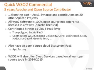 Quick WSO2 Commercial 
8 years Apache and Open Source Contributor 
o … from the past – Axis2, Synapse and contributors on 20 
other Apache Projects 
o All wso2 software is 100% open source not enterprise 
licensed in any way (Apache licensed) 
o Contributed Stratos as Cloud PaaS layer 
o True polyglot, hybrid PaaS 
o Contributors WSO2, Indiana University, Citrix, EngineYard, Cisco, 
NASA, SunGaurd, Georgia Tech, … 
o Also have an open source cloud Ecosystem PaaS 
o App Factory 
o WSO2 will also offer Cloud Services based on all our open 
source tools in 2014/2015 
 