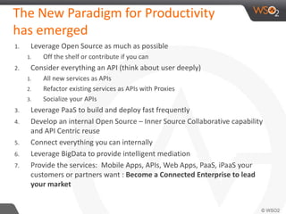 The New Paradigm for Productivity 
has emerged 
1. Leverage Open Source as much as possible 
1. Off the shelf or contribute if you can 
2. Consider everything an API (think about user deeply) 
1. All new services as APIs 
2. Refactor existing services as APIs with Proxies 
3. Socialize your APIs 
3. Leverage PaaS to build and deploy fast frequently 
4. Develop an internal Open Source – Inner Source Collaborative capability 
and API Centric reuse 
5. Connect everything you can internally 
6. Leverage BigData to provide intelligent mediation 
7. Provide the services: Mobile Apps, APIs, Web Apps, PaaS, iPaaS your 
customers or partners want : Become a Connected Enterprise to lead 
your market 
 