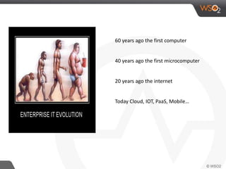 60 years ago the first computer 
40 years ago the first microcomputer 
20 years ago the internet 
Today Cloud, IOT, PaaS, Mobile… 
 