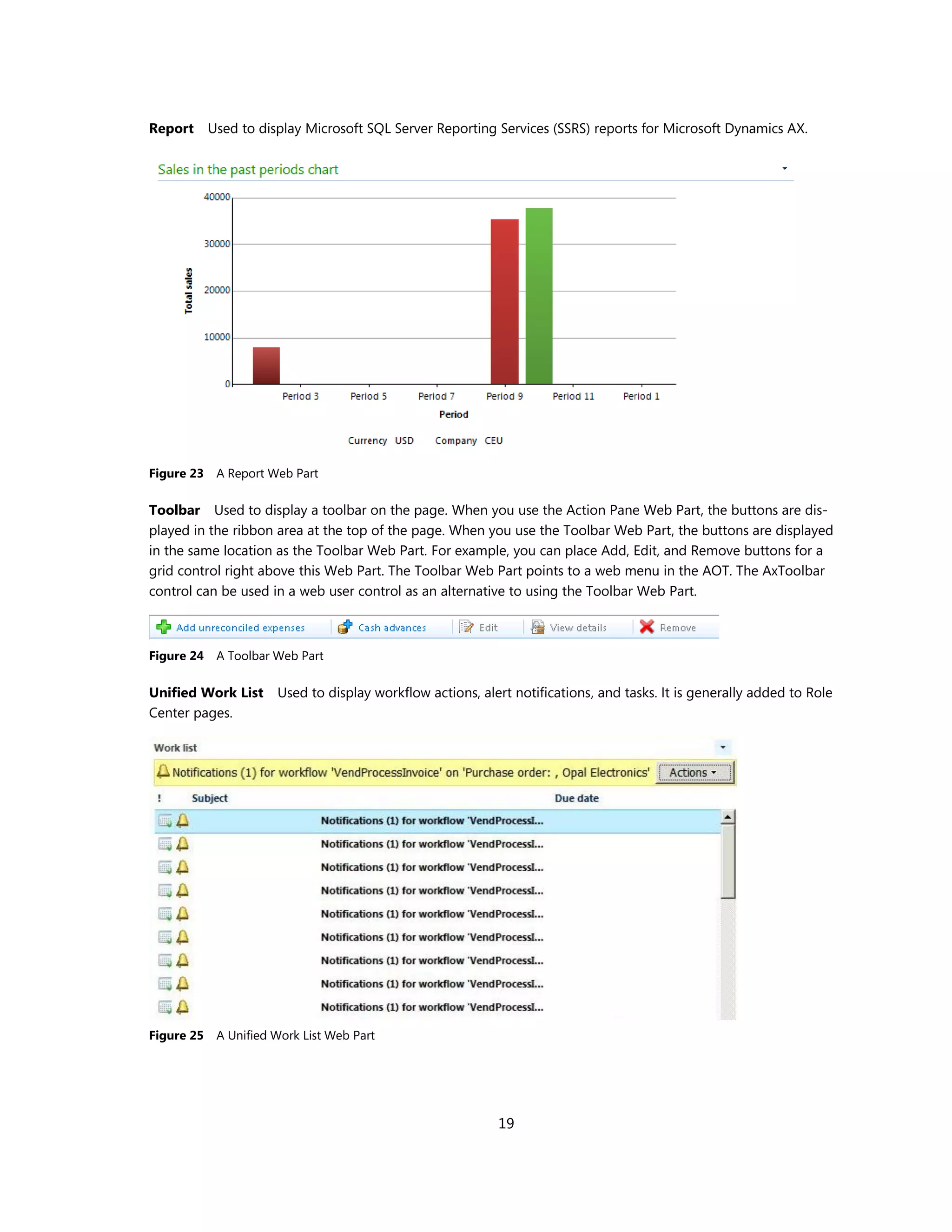 Report      Used to display Microsoft SQL Server Reporting Services (SSRS) reports for Microsoft Dynamics AX.




Figure 23    A Report Web Part

Toolbar Used to display a toolbar on the page. When you use the Action Pane Web Part, the buttons are dis-
played in the ribbon area at the top of the page. When you use the Toolbar Web Part, the buttons are displayed
in the same location as the Toolbar Web Part. For example, you can place Add, Edit, and Remove buttons for a
grid control right above this Web Part. The Toolbar Web Part points to a web menu in the AOT. The AxToolbar
control can be used in a web user control as an alternative to using the Toolbar Web Part.



Figure 24    A Toolbar Web Part

Unified Work List      Used to display workflow actions, alert notifications, and tasks. It is generally added to Role
Center pages.




Figure 25    A Unified Work List Web Part




                                                            19
 