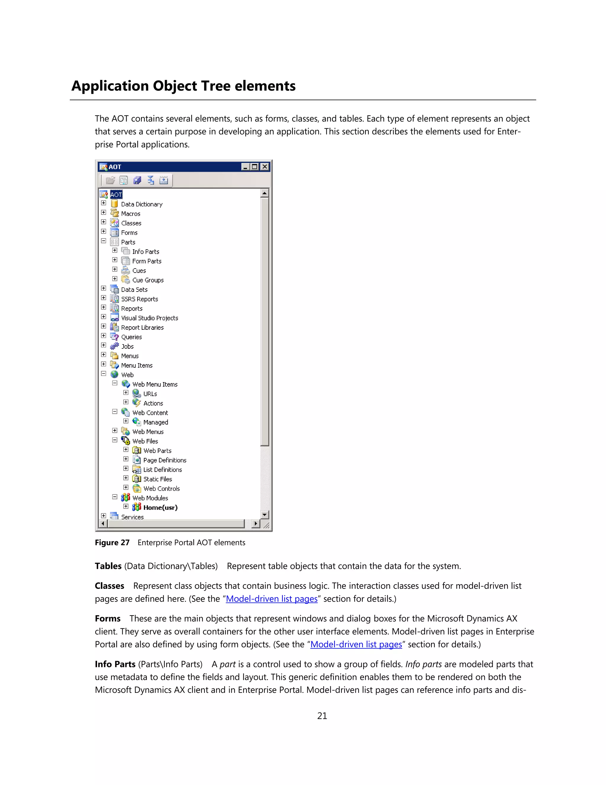 Application Object Tree elements

   The AOT contains several elements, such as forms, classes, and tables. Each type of element represents an object
   that serves a certain purpose in developing an application. This section describes the elements used for Enter-
   prise Portal applications.




   Figure 27 Enterprise Portal AOT elements

   Tables (Data DictionaryTables)    Represent table objects that contain the data for the system.

   Classes Represent class objects that contain business logic. The interaction classes used for model-driven list
   pages are defined here. (See the “Model-driven list pages” section for details.)

   Forms These are the main objects that represent windows and dialog boxes for the Microsoft Dynamics AX
   client. They serve as overall containers for the other user interface elements. Model-driven list pages in Enterprise
   Portal are also defined by using form objects. (See the “Model-driven list pages” section for details.)

   Info Parts (PartsInfo Parts) A part is a control used to show a group of fields. Info parts are modeled parts that
   use metadata to define the fields and layout. This generic definition enables them to be rendered on both the
   Microsoft Dynamics AX client and in Enterprise Portal. Model-driven list pages can reference info parts and dis-

                                                              21
 