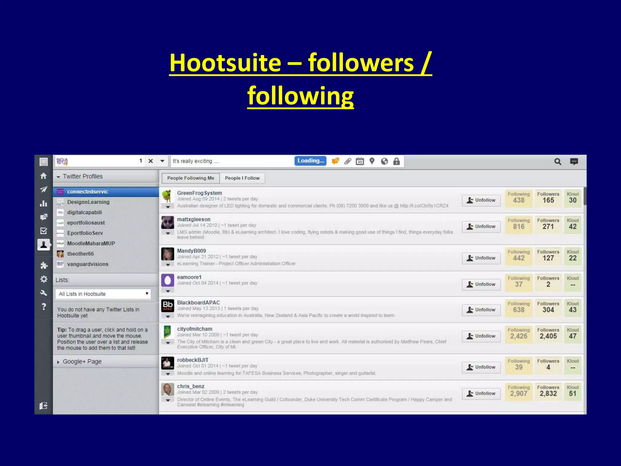 Hootsuite – followers / 
following 
 