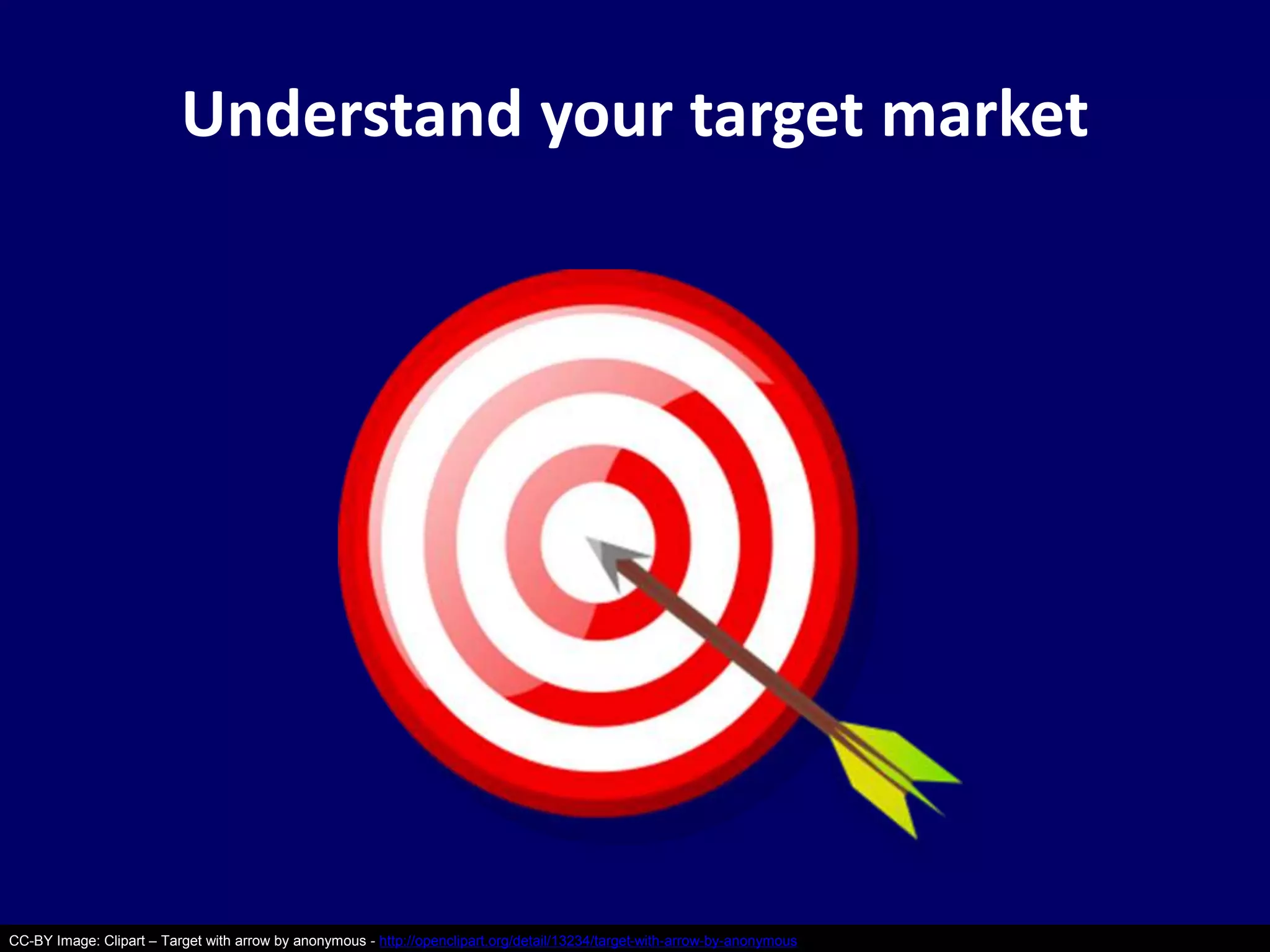 Understand your target market 
CC-BY Image: Clipart – Target with arrow by anonymous - http://openclipart.org/detail/13234/target-with-arrow-by-anonymous 
 