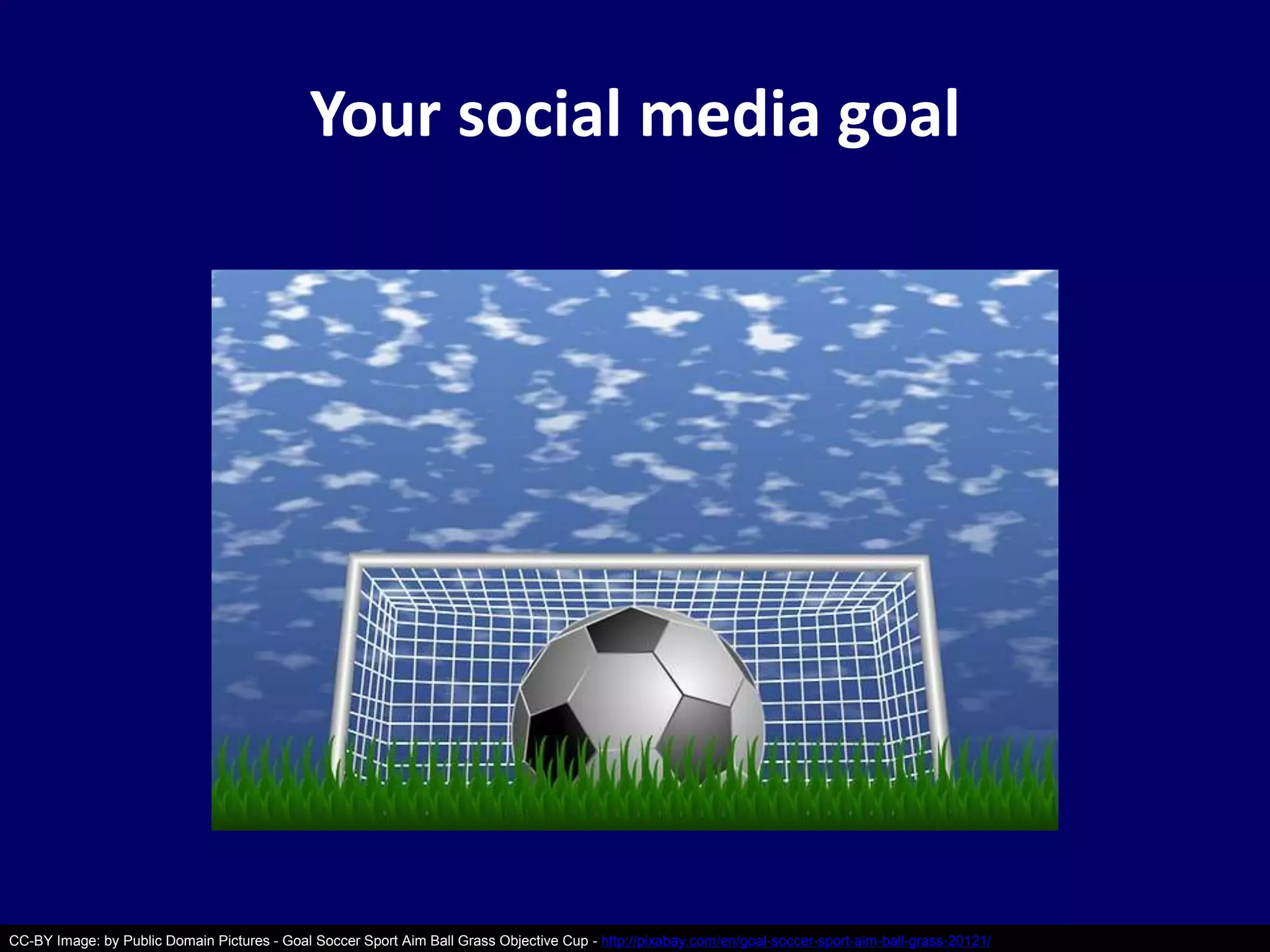 Your social media goal 
CC-BY Image: by Public Domain Pictures - Goal Soccer Sport Aim Ball Grass Objective Cup - http://pixabay.com/en/goal-soccer-sport-aim-ball-grass-20121/ 
 