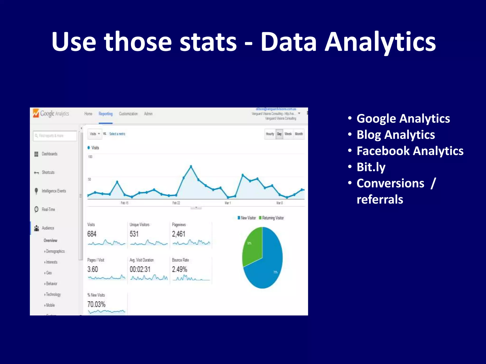 Use those stats - Data Analytics 
• Google Analytics 
• Blog Analytics 
• Facebook Analytics 
• Bit.ly 
• Conversions / 
referrals 
 