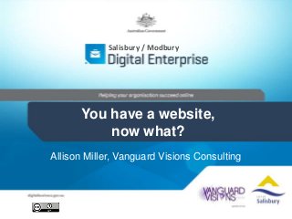 Salisbury / Modbury

You have a website,
now what?
Allison Miller, Vanguard Visions Consulting

 