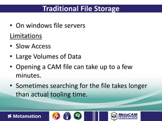 Traditional File Storage

• On windows file servers
Limitations
• Slow Access
• Large Volumes of Data
• Opening a CAM file can take up to a few
  minutes.
• Sometimes searching for the file takes longer
  than actual tooling time.
 