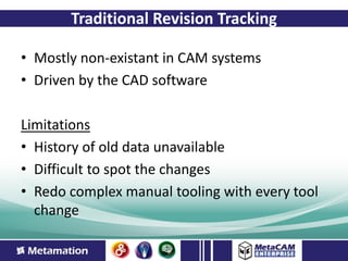 Traditional Revision Tracking

• Mostly non-existant in CAM systems
• Driven by the CAD software

Limitations
• History of old data unavailable
• Difficult to spot the changes
• Redo complex manual tooling with every tool
  change
 