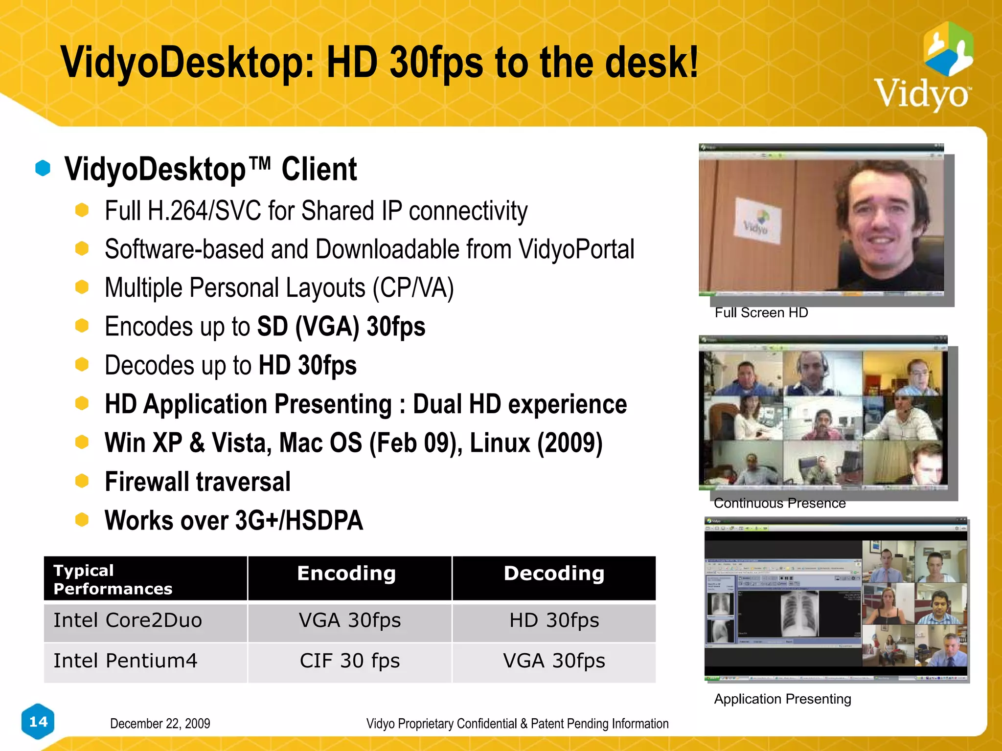 VidyoDesktop: HD 30fps to the desk! VidyoDesktop™ Client Full H.264/SVC for Shared IP connectivity Software-based and Downloadable from VidyoPortal Multiple Personal Layouts (CP/VA) Encodes up to  SD (VGA) 30fps Decodes up to  HD 30fps HD Application Presenting : Dual HD experience Win XP & Vista, Mac OS (Feb 09), Linux (2009) Firewall traversal Works over 3G+/HSDPA Full Screen HD Continuous Presence Application Presenting Typical Performances Encoding  Decoding Intel Core2Duo VGA 30fps HD 30fps Intel Pentium4 CIF 30 fps VGA 30fps 