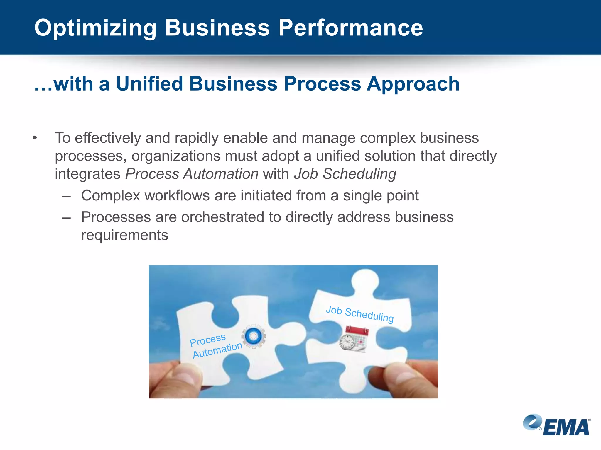 Optimizing Business Performance
• To effectively and rapidly enable and manage complex business
processes, organizations must adopt a unified solution that directly
integrates Process Automation with Job Scheduling
– Complex workflows are initiated from a single point
– Processes are orchestrated to directly address business
requirements
…with a Unified Business Process Approach
 