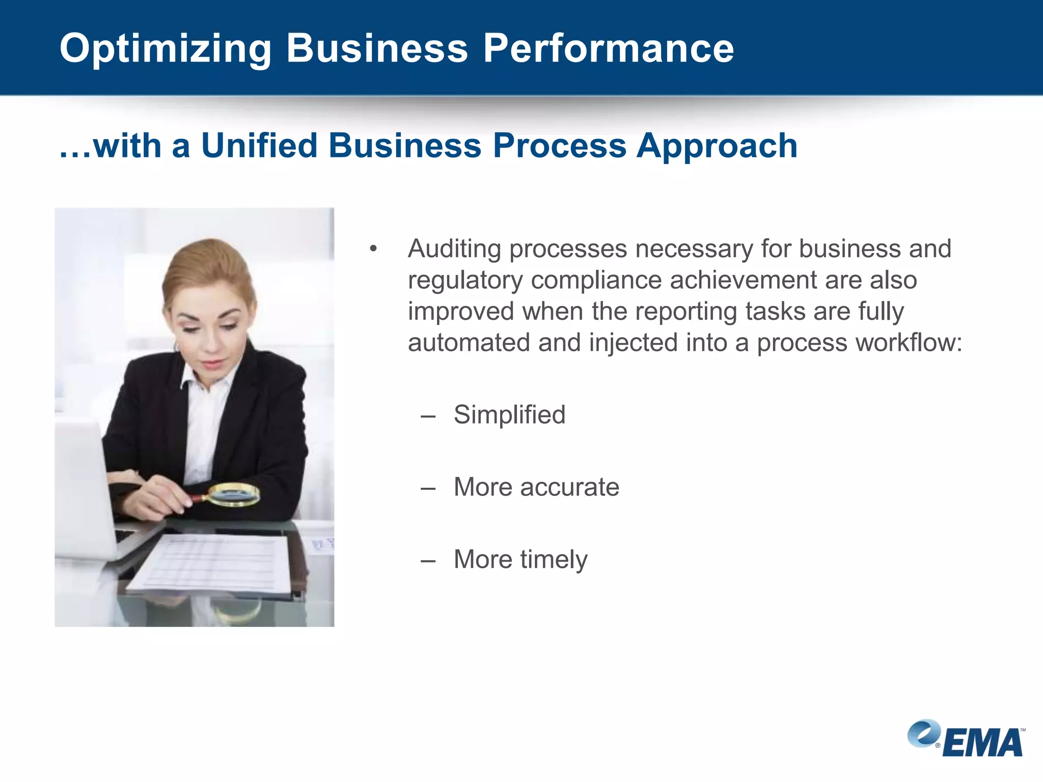 • Auditing processes necessary for business and
regulatory compliance achievement are also
improved when the reporting tasks are fully
automated and injected into a process workflow:
– Simplified
– More accurate
– More timely
Optimizing Business Performance
…with a Unified Business Process Approach
 