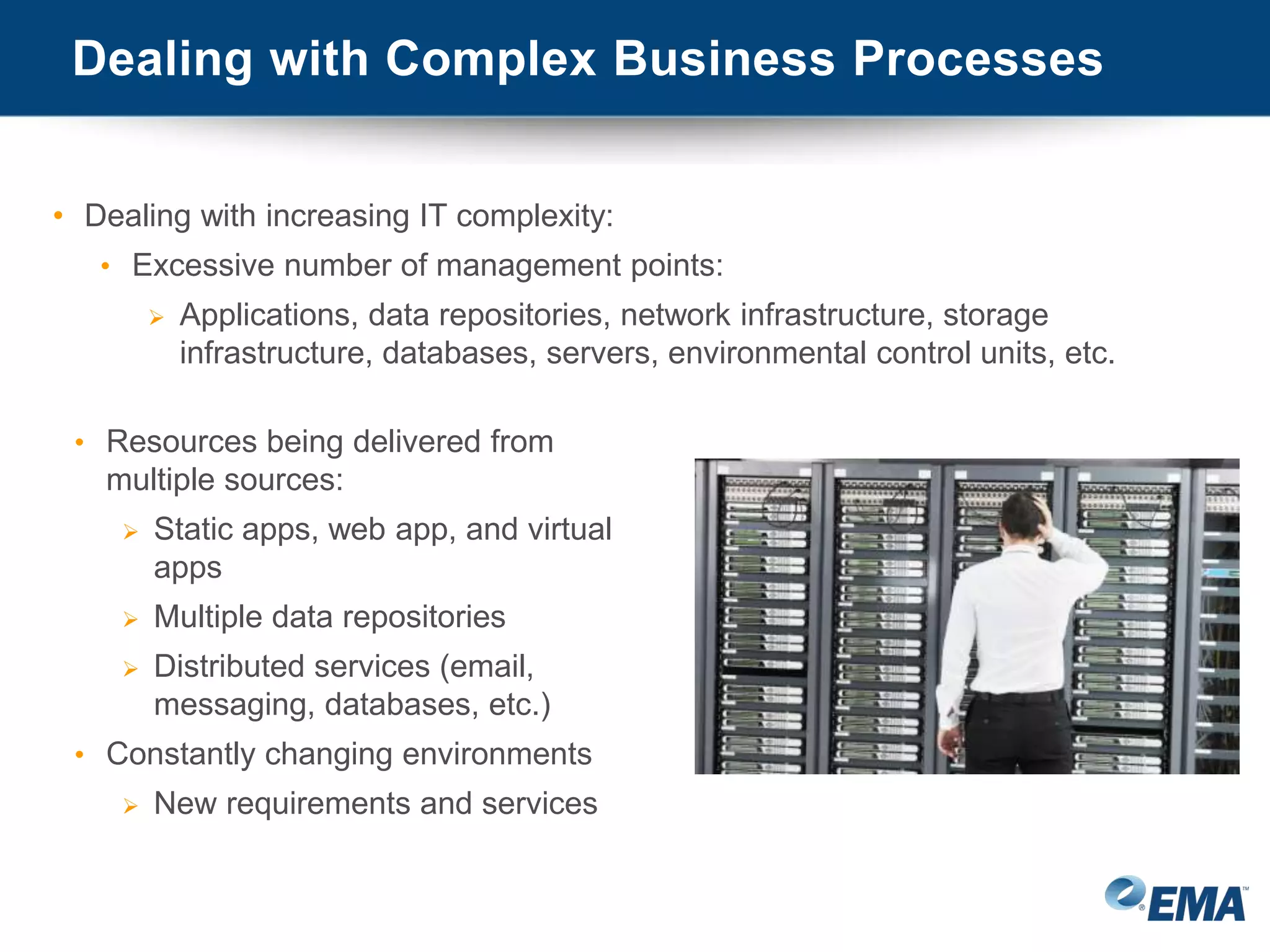 Dealing with Complex Business Processes
• Dealing with increasing IT complexity:
• Excessive number of management points:
 Applications, data repositories, network infrastructure, storage
infrastructure, databases, servers, environmental control units, etc.
• Resources being delivered from
multiple sources:
 Static apps, web app, and virtual
apps
 Multiple data repositories
 Distributed services (email,
messaging, databases, etc.)
• Constantly changing environments
 New requirements and services
 