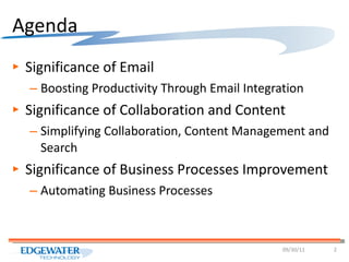 Agenda Significance of Email Boosting Productivity Through Email Integration Significance of Collaboration and Content  Simplifying Collaboration, Content Management and Search Significance of Business Processes Improvement Automating Business Processes 09/30/11 