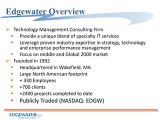Edgewater Overview Technology Management Consulting Firm  Provide a unique blend of specialty IT services  Leverage proven industry expertise in strategy, technology and enterprise performance management Focus on middle and Global 2000 market Founded in 1992 Headquartered in Wakefield, MA Large North American footprint + 330 Employees +700 clients +2400 projects completed to date Publicly Traded (NASDAQ: EDGW) 
