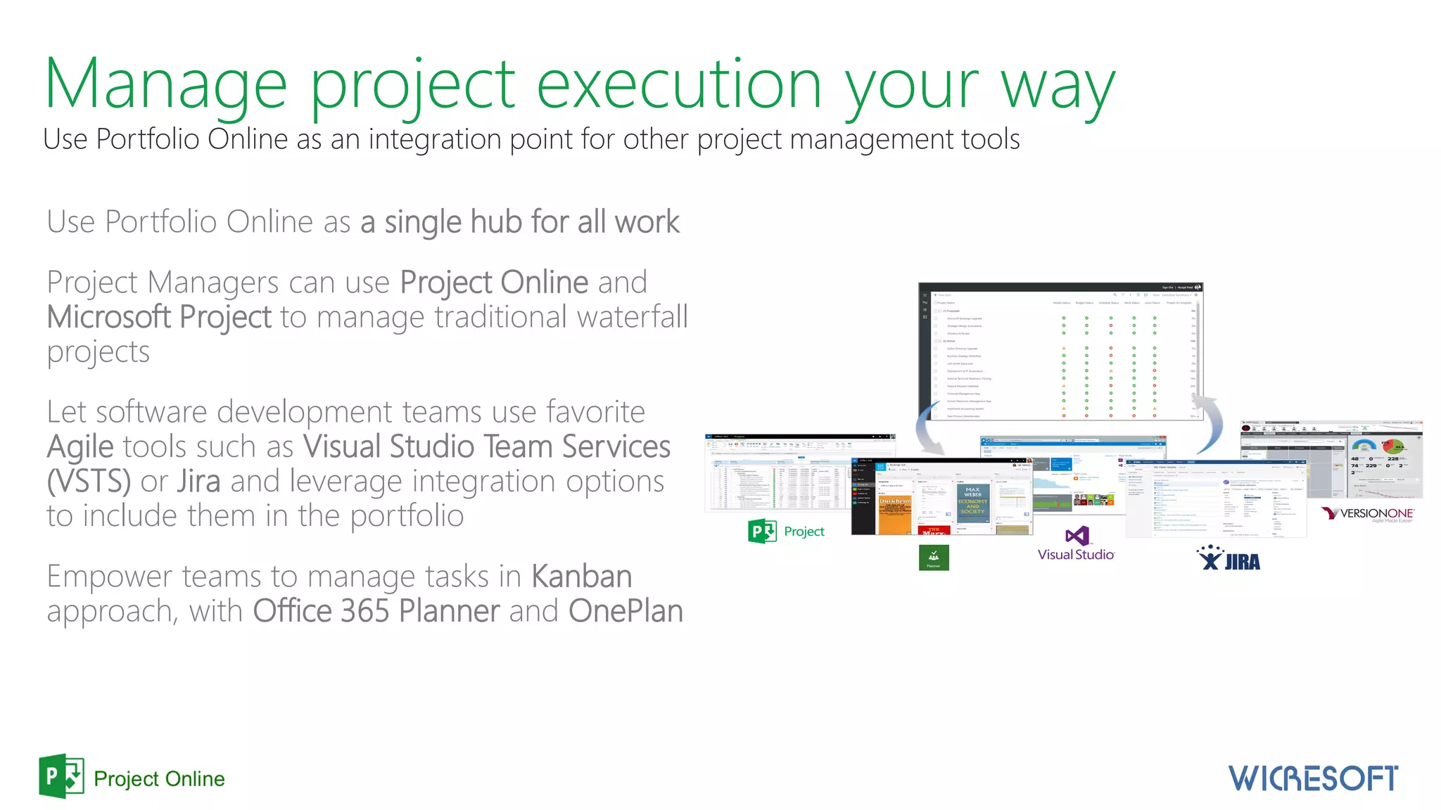 Manage project execution your way
Use Portfolio Online as an integration point for other project management tools
Use Portfolio Online as a single hub for all work
Project Managers can use Project Online and
Microsoft Project to manage traditional waterfall
projects
Let software development teams use favorite
Agile tools such as Visual Studio Team Services
(VSTS) or Jira and leverage integration options
to include them in the portfolio
Empower teams to manage tasks in Kanban
approach, with Office 365 Planner and OnePlan
 