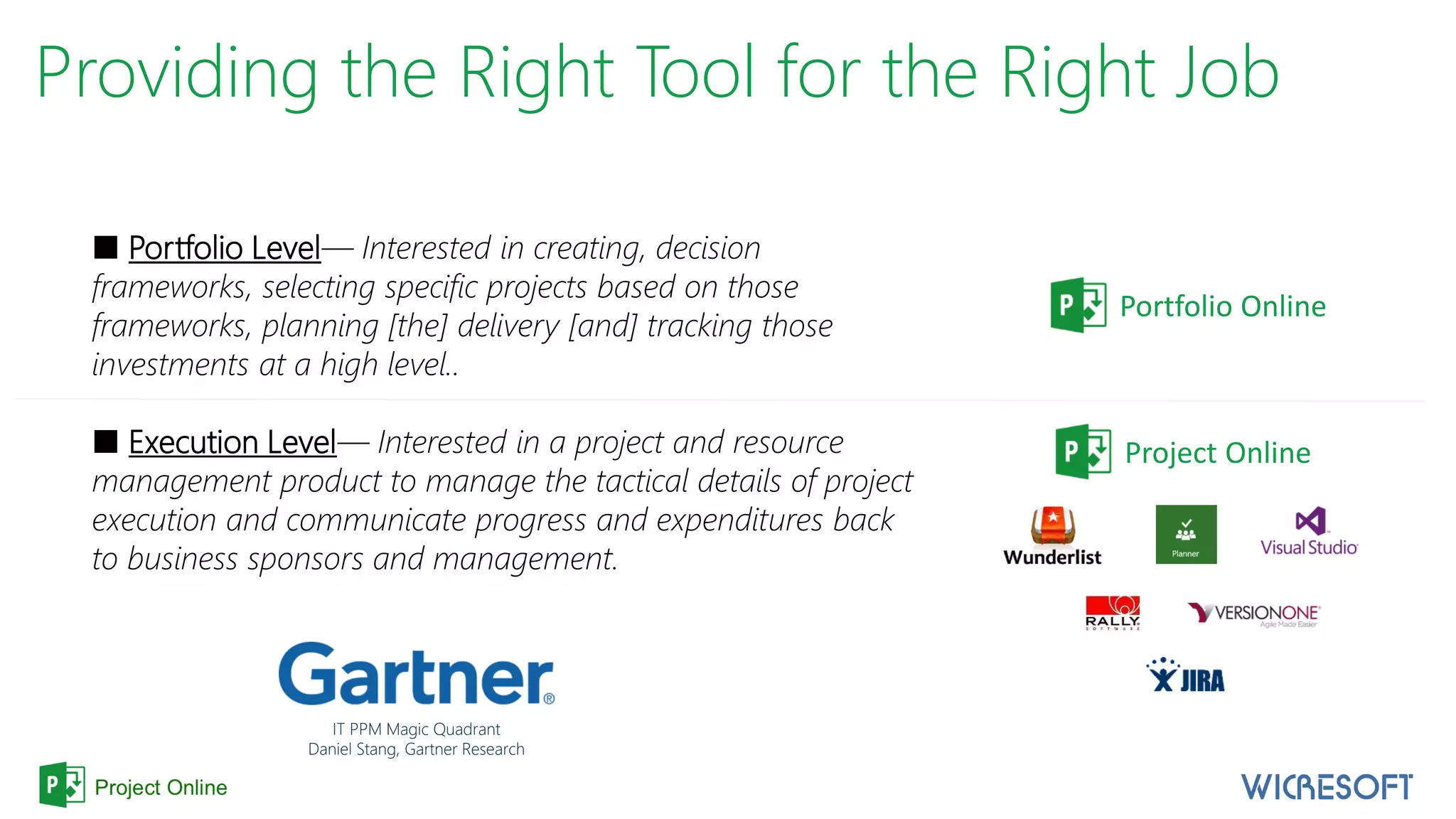 Providing the Right Tool for the Right Job
■ Portfolio Level— Interested in creating, decision
frameworks, selecting specific projects based on those
frameworks, planning [the] delivery [and] tracking those
investments at a high level..
■ Execution Level— Interested in a project and resource
management product to manage the tactical details of project
execution and communicate progress and expenditures back
to business sponsors and management.
IT PPM Magic Quadrant
Daniel Stang, Gartner Research
Portfolio Online
Project Online
 
