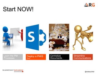 @nateauchter
Start NOW!
Learn the PM
Processes
Deploy a PMIS
(hint)
Centralize
Documents
Streamline
Communications
 