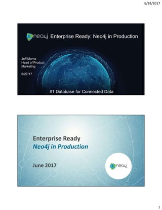 6/28/2017
1
Enterprise Ready: Neo4j in Production
#1 Database for Connected Data
Jeff Morris
Head of Product
Marketing
6/27/17
Enterprise Ready
Neo4j in Production
June 2017
 