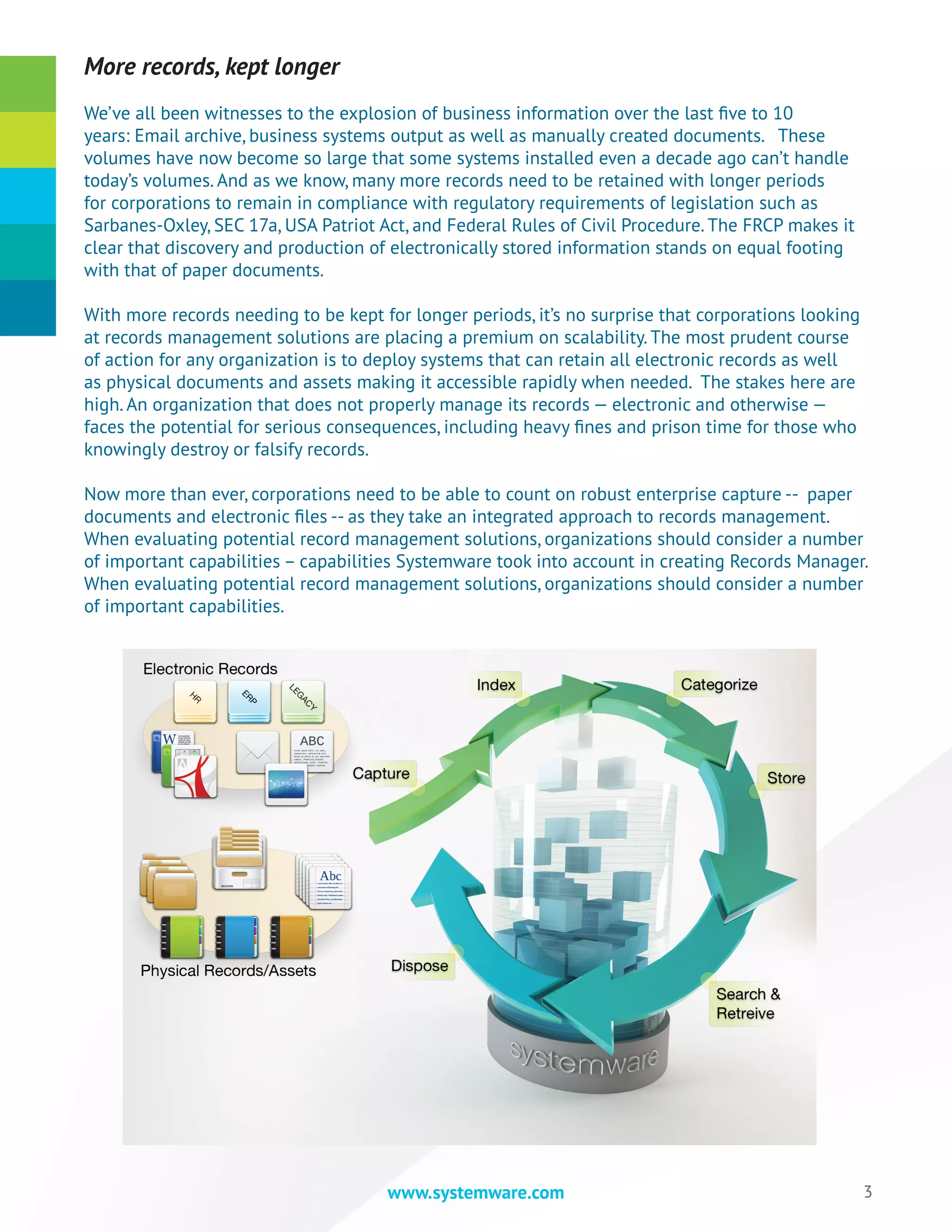 3www.systemware.com
More records, kept longer
We’ve all been witnesses to the explosion of business information over the last five to 10
years: Email archive, business systems output as well as manually created documents. These
volumes have now become so large that some systems installed even a decade ago can’t handle
today’s volumes. And as we know, many more records need to be retained with longer periods
for corporations to remain in compliance with regulatory requirements of legislation such as
Sarbanes-Oxley, SEC 17a, USA Patriot Act, and Federal Rules of Civil Procedure. The FRCP makes it
clear that discovery and production of electronically stored information stands on equal footing
with that of paper documents.
With more records needing to be kept for longer periods, it’s no surprise that corporations looking
at records management solutions are placing a premium on scalability. The most prudent course
of action for any organization is to deploy systems that can retain all electronic records as well
as physical documents and assets making it accessible rapidly when needed. The stakes here are
high. An organization that does not properly manage its records — electronic and otherwise —
faces the potential for serious consequences, including heavy fines and prison time for those who
knowingly destroy or falsify records.
Now more than ever, corporations need to be able to count on robust enterprise capture -- paper
documents and electronic files -- as they take an integrated approach to records management.
When evaluating potential record management solutions, organizations should consider a number
of important capabilities – capabilities Systemware took into account in creating Records Manager.
When evaluating potential record management solutions, organizations should consider a number
of important capabilities.
 
