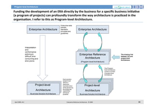 Program-level Architecture

Funding	
  the	
  development	
  of	
  an	
  ERA	
  directly	
  by	
  the	
  business	
  for	
  a	
  speciﬁc	
  business	
  ini2a2ve	
  
(a	
  program	
  of	
  projects)	
  can	
  profoundly	
  transform	
  the	
  way	
  architecture	
  is	
  prac2ced	
  in	
  the	
  
organisa2on.	
  I	
  refer	
  to	
  this	
  as	
  Program-­‐level	
  Architecture.	
  
Enterprise Architecture

Interpretation
and
conformance
policing is
difficult, time
consuming and
error prone.

Enterprise wide
policies,
standards,
principles and
guidelines.

Enterprise Architecture

Enterprise Reference
Architecture

In

(Program-level Architecture)

The missing link
between EA and
project-level
Architecture.

One Programlevel Architecture
covers a number
of project-level
Architecture

Project-level
Architecture
Business Solution Architecture

April	
  2009,	
  v0.2	
  

Each solution
project must
deliver a
distinctive
business value
while advancing
the enterprise
capabilities
whenever
possible.

Project-level

Architecture
Business Solution Architecture

Enterprise	
  Reference	
  Architecture	
  -­‐	
  ©	
  2009	
  

13	
  

 