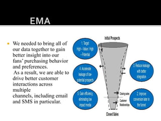  We needed to bring all of
our data together to gain
better insight into our
fans’ purchasing behavior
and preferences.
As a result, we are able to
drive better customer
interactions across
multiple
channels, including email
and SMS in particular.
 
