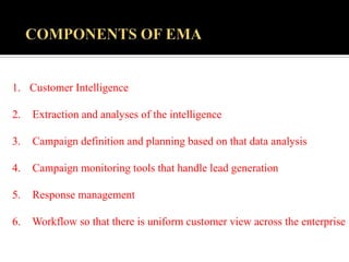 1. Customer Intelligence
2. Extraction and analyses of the intelligence
3. Campaign definition and planning based on that data analysis
4. Campaign monitoring tools that handle lead generation
5. Response management
6. Workflow so that there is uniform customer view across the enterprise
 